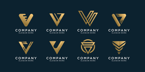 Set of letter V logo collection with golden concept, Premium Vector