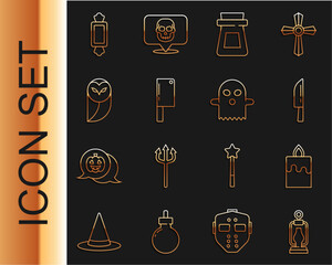 Set line Camping lantern, Burning candle, Knife, Bottle with potion, Meat chopper, Owl, Candy and Ghost icon. Vector