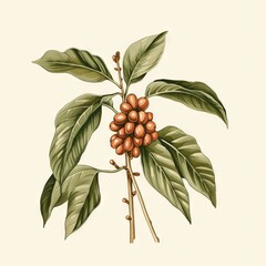 Coffee beans and leaves on a white background
