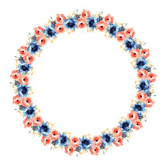 Wreath with autumn flowers, leaves and branches in vintage watercolor style. Vector circle frame