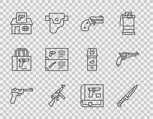 Set line Mauser gun, Military knife, Small revolver, Tommy, Hunting shop weapon, Weapon catalog, Book with pistol or and Revolver icon. Vector