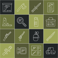 Set line Collimator sight, Military knife, ammunition box, Pistol gun search, Gun magazine and bullets, and Weapons oil bottle icon. Vector