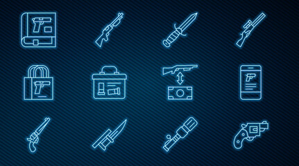 Set line Small gun revolver, Shop weapon in mobile app, Military knife, ammunition box, Buying pistol, Book with or, assault rifle and Hunting icon. Vector
