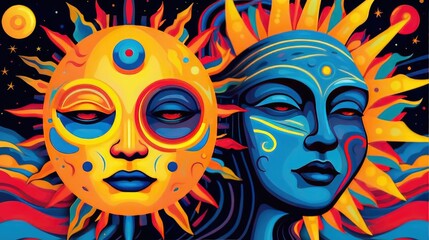 Sun and Moon Psychedelic Retro Pop-Art Surreal Trippy Cosmic Fantasy Artwork