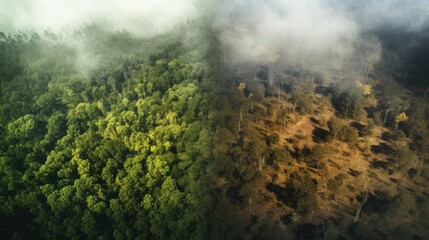 a lush forest gradually changing color due to acid rain, highlighting the impact of atmospheric pollution generative ai