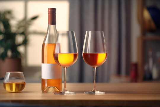 An amber orange wine bottle and glasses on a table, minimalist luxury. As sunlight dances, the scene offers a taste of modern elegance and relaxation. Ideal adv for chic cafes, bars, or vinotheques