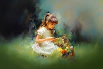 Girl Feeding Chipmunk - Impressionism