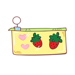 Cute school pencil case with strawberries. Hand drawn stationery supplies doodle. Vector design illustration isolated on white background.