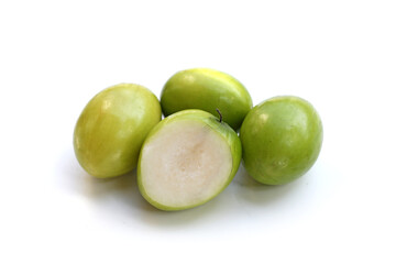Green jujube fruits on white background.