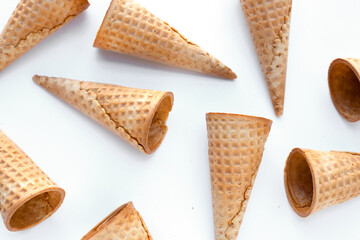 Empty ice cream cones on white background.