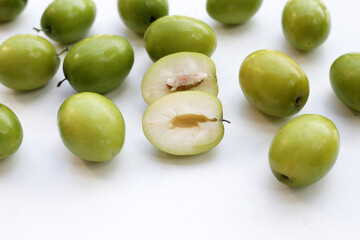Green jujube fruits on white background.