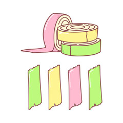 Tape rolls and torn pieces. Hand drawn stationery supplies doodle. Vector design illustration isolated on white background.