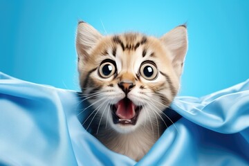 Surprised Cute Kitten Above Blue Banner on Blue Background