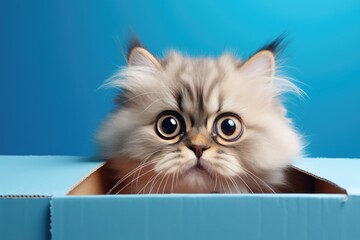 Surprised Cute Kitten Above Blue Banner on Blue Background