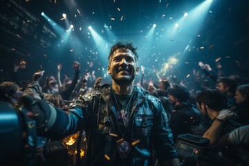 Fototapeta premium Person Celebrating Victory Success: First Place Achievement, Accomplishment, Victory, Triumph, Fulfillment, and Growth, Winning, Progress in Realization, Attainment, Reaching Goals and Successful