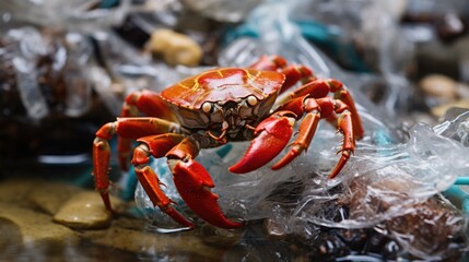 crab entangled in plastic waste, showing the danger of marine debris generative ai