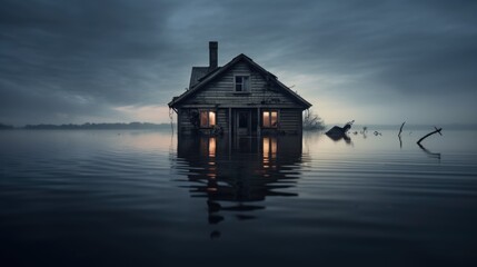 Fototapeta premium house submerged in floodwater, a stark reminder of climate change impacts generative ai