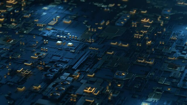 High tech integrated circuit board with processor close up. Electronic CPU chip component on printed pcb. Concept of computer hardware and digital computing of big data. Futuristic Sci-fi background