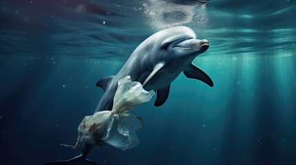 dolphin with a plastic bag, a powerful illustration of marine pollution generative ai - obrazy, fototapety, plakaty