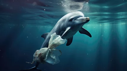 Gordijnen dolphin with a plastic bag, a powerful illustration of marine pollution generative ai © Kelly