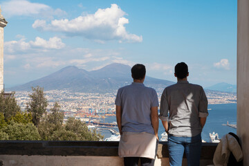 Naples - The tourists and cityscape with the Vesuvius vulcan from Certosa di San Martino.