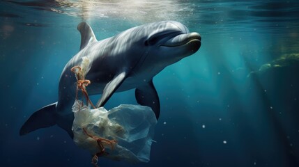 Fototapeta na wymiar dolphin with a plastic bag, a powerful illustration of marine pollution generative ai
