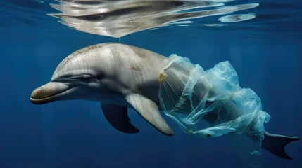 Foto auf Acrylglas dolphin with a plastic bag, a powerful illustration of marine pollution generative ai © Kelly