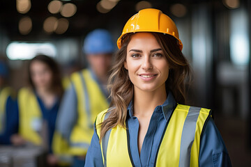 A female construction worker in safety gear