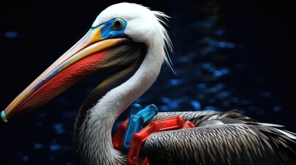 Fototapeta premium pelican with plastic rings around its beak, symbol of ocean pollution generative ai