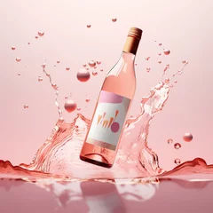 Gordijnen Bottle of rose wine floating in liquid splash. Wine bottle mockup with blank white label, commercial rose wine label template © Daria Minaeva