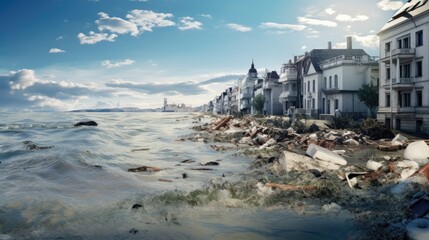 coastal town dealing with rising sea levels, a clear sign of climate change generative ai - obrazy, fototapety, plakaty