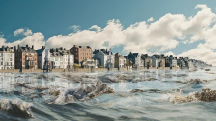 Poster coastal town dealing with rising sea levels, a clear sign of climate change generative ai © Kelly