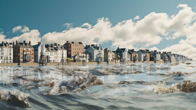 coastal town dealing with rising sea levels, a clear sign of climate change generative ai