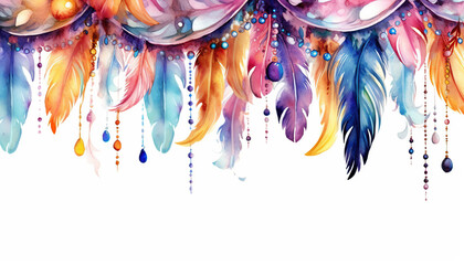 tassel garlands feathers watercolor - obrazy, fototapety, plakaty