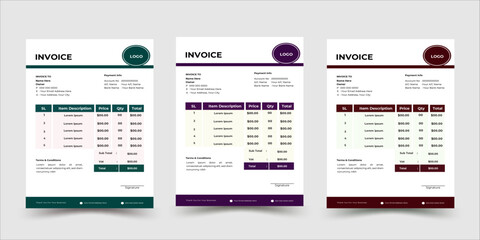 Professional corporate invoices template with 3 color sets.