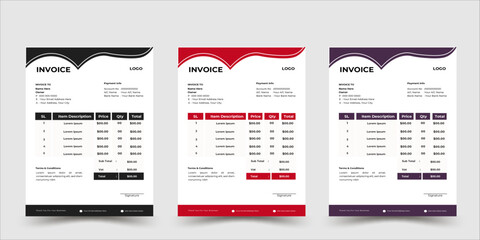 Professional corporate invoices template with 3 color sets.