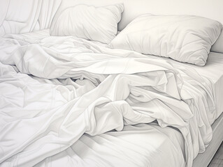 white bed linen monochrome pencil drawing. Stylish linens made of cotton and linen. Stylish bedroom interior.