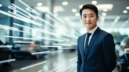 미래지향적인 백색 라이트와 자동차 전시 매장을 배경으로 서 있는 유능하고 신뢰감 넘치는 한국인 자동차 세일즈맨