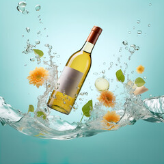 Bottle of white wine floating in liquid splash. Wine bottle mockup with blank white label, commercial wine label template