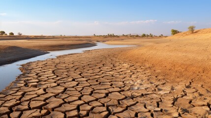 Fototapeta premium parched riverbed due to excessive water extraction, a manifestation of water scarcity and pollution generative ai