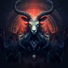 Figure of Baphomet adorned with horns of command. Occult artwork of Baphomet in a potent blend of mysticism and enigma. - obrazy, fototapety, plakaty