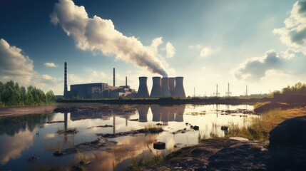 Fototapeta premium power plant on a riverbank, representing the impact of industrial activities on water bodies generative ai