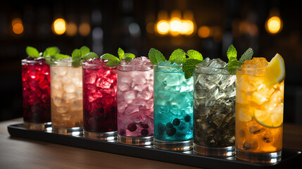 Fototapeta na wymiar Alkoholische Cocktails auf dem Bartresen in einer Nachtclub-Bar.