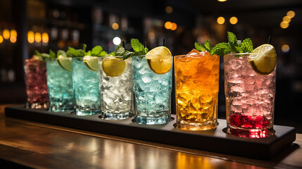 Fototapeta na wymiar Alkoholische Cocktails auf dem Bartresen in einer Nachtclub-Bar.