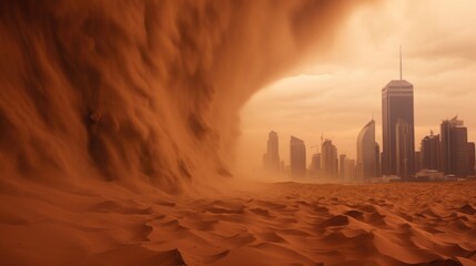 city engulfed by a sandstorm, another extreme weather event exacerbated by climate change generative ai