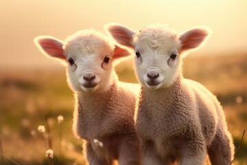 Fototapeta premium Two young lamb sheep on spring meadow looking curious