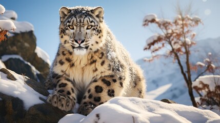 Obraz premium snow leopard in a dwindling snowy habitat, signifying the impacts of climate change on animal life generative ai