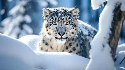 Fototapeta premium snow leopard in a dwindling snowy habitat, signifying the impacts of climate change on animal life generative ai