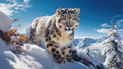 Fototapeta premium snow leopard in a dwindling snowy habitat, signifying the impacts of climate change on animal life generative ai