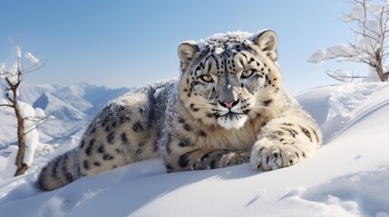 Fototapeta premium snow leopard in a dwindling snowy habitat, signifying the impacts of climate change on animal life generative ai